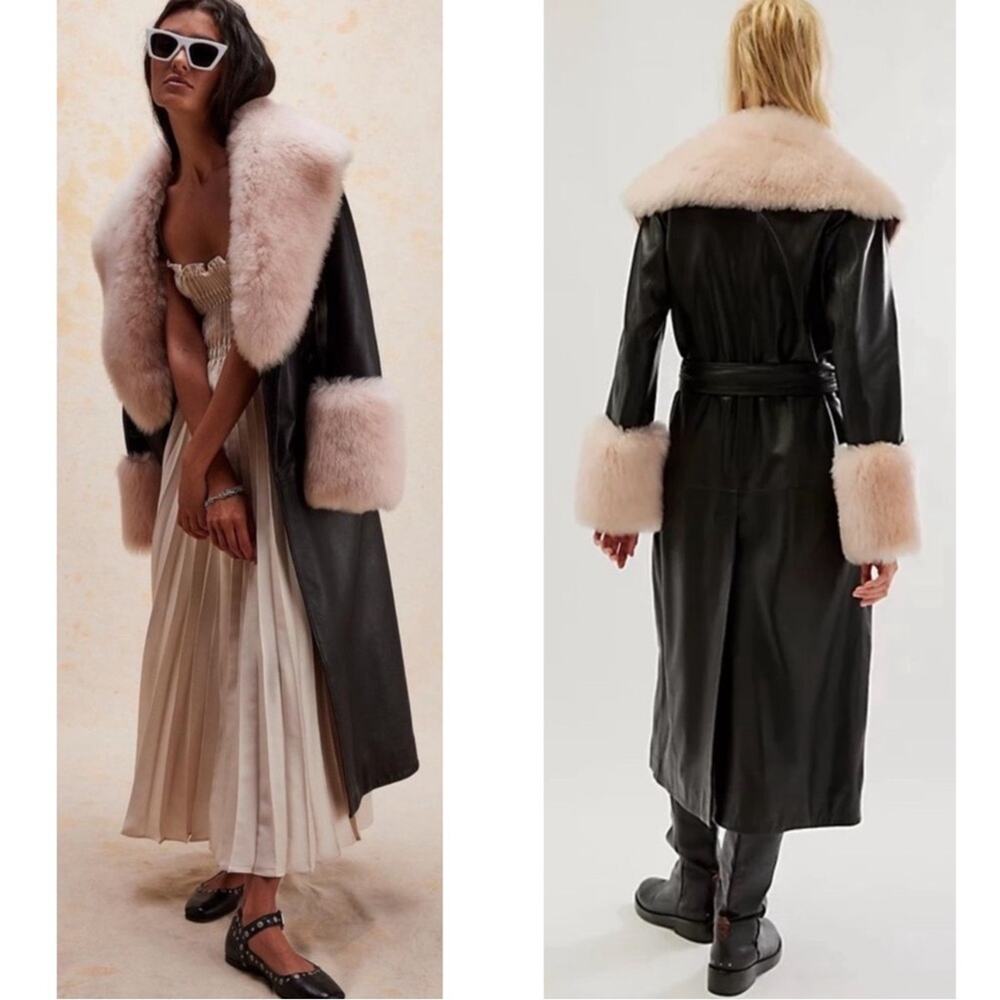 FREE PEOPLE X BRENDA KNIGHT Paris Duster Lamb Leather Fur Trim Belted Size XL